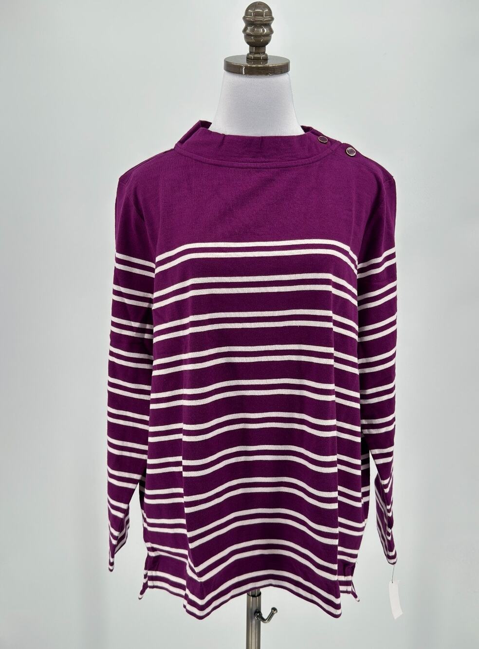 Talbots Orchid Purple White Striped Button Detail Mock Neck Top Sz 2X NEW